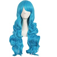 Mapofbeauty 28 Pulgadas-70cm Encantadoras Mujeres Lado Flequillo Largo Rizado Peluca Sintetica Pelo Lleno(Cereste Azul)